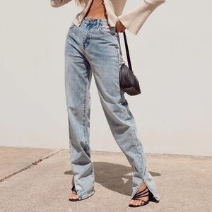 NWT Princess Polly Lioness Alabama Blue Denim Split Hem Flare Jeans